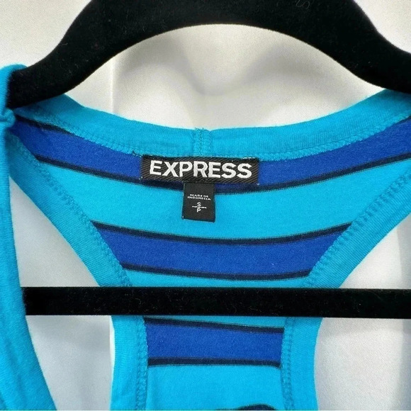 Express Womens Racerback Dress Small Blue Black Stripe Long Side Gathers - Picture 4 of 7